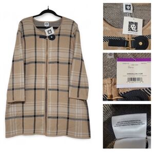 Anne Klein Beige Plaid Long Coat with Black Accents